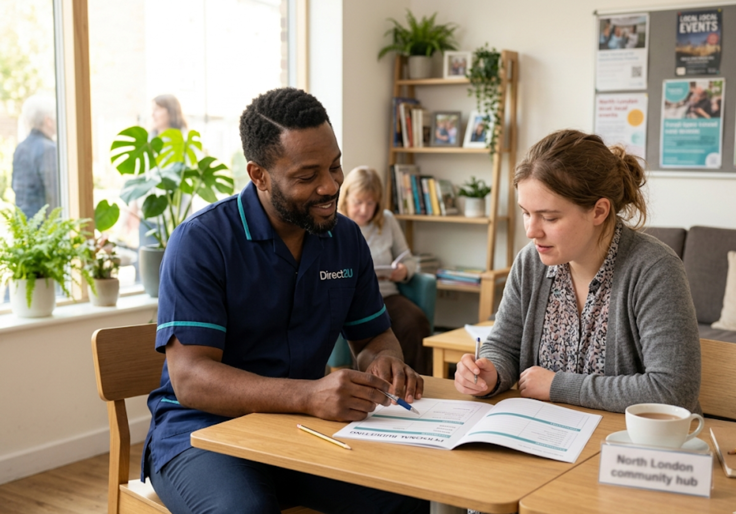 Direct2U support worker helping an adult with a learning disability develop budgeting skills in North London — LD community support